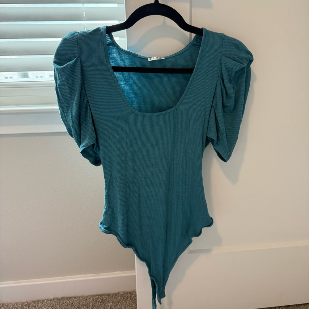 Free People Teal Puff Sleeve Bodysuit